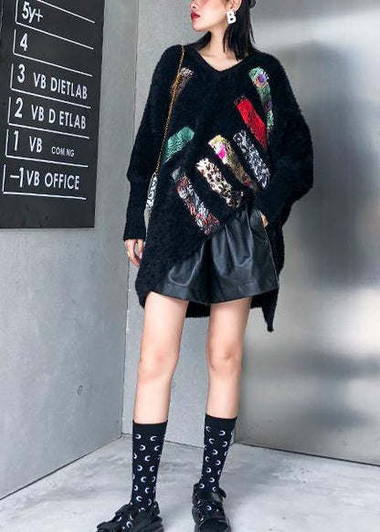 Oversized Prints Black Knitted Blouse Oversize V Neck Knitted Clothes