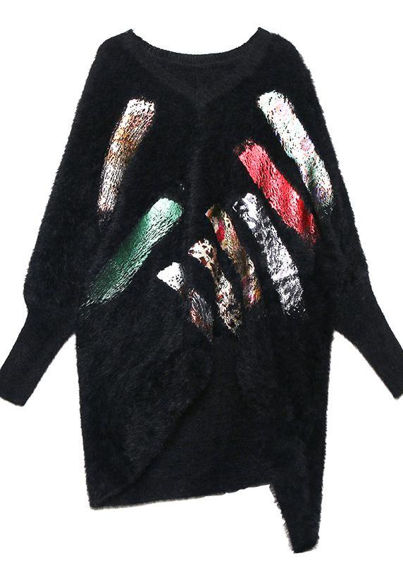 Oversized Prints Black Knitted Blouse Oversize V Neck Knitted Clothes