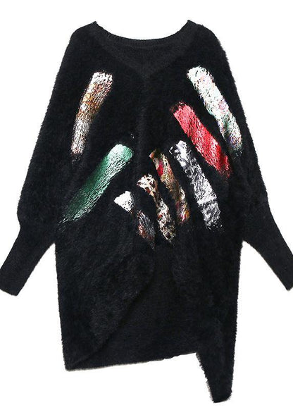 Oversized Prints Black Knitted Blouse Oversize V Neck Knitted Clothes