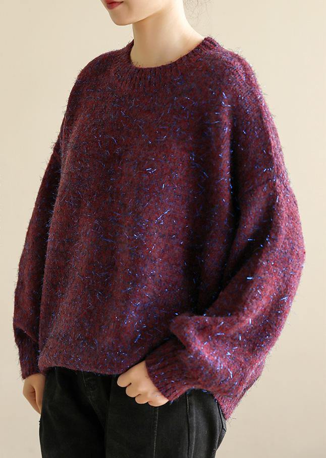 Oversized Purple Knit Tops Wild Fall O Neck Knitwear