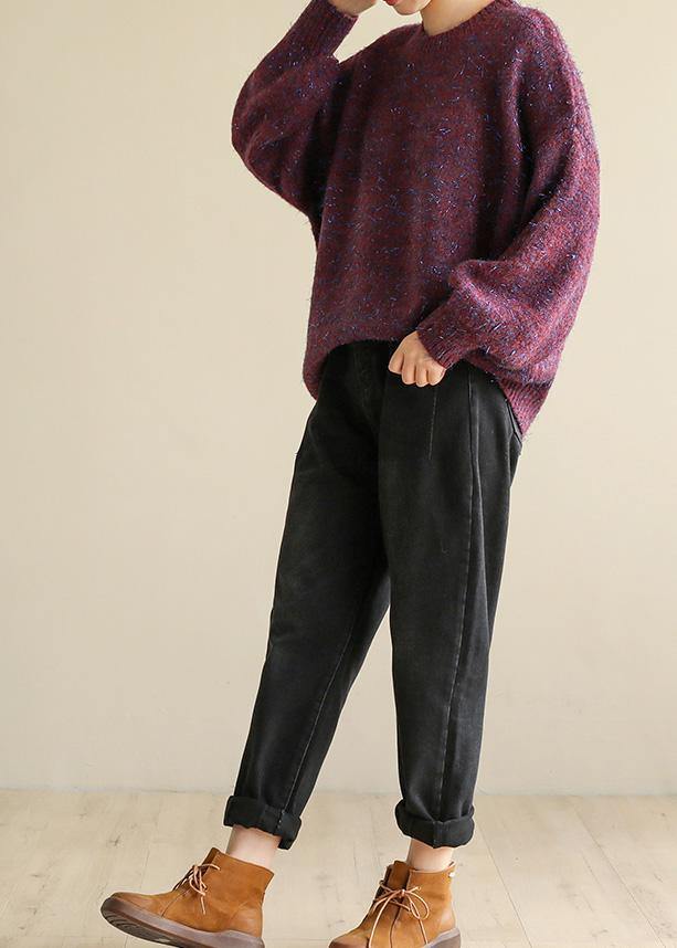 Oversized Purple Knit Tops Wild Fall O Neck Knitwear