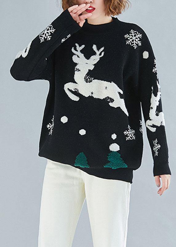 Oversized Spring Black Embroidery Knitted Blouse Loose Fitting O Neck Knitted Clothes