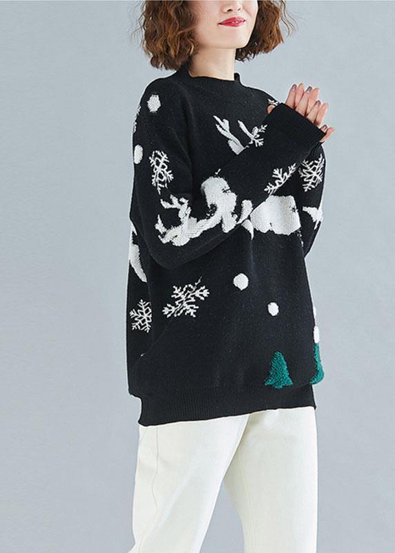 Oversized Spring Black Embroidery Knitted Blouse Loose Fitting O Neck Knitted Clothes
