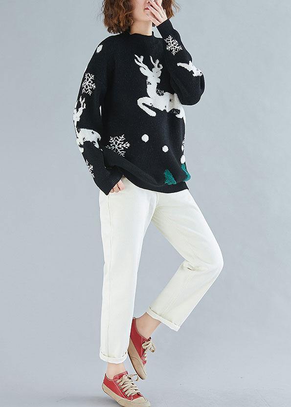 Oversized Spring Black Embroidery Knitted Blouse Loose Fitting O Neck Knitted Clothes
