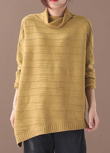 Oversized Yellow Knitted Blouse High Neck Thick Sweater Tops