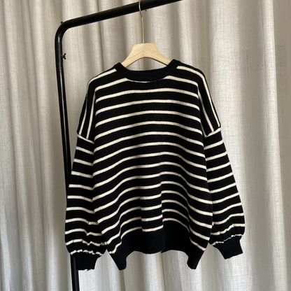 Oversized Black Striped Knitted Blouse Clothing O Neck Low High Design Knit Tops