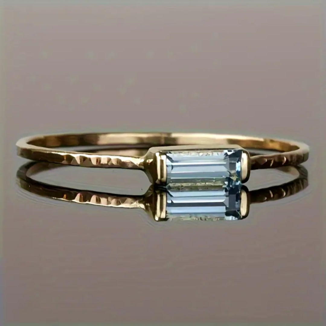 Rectangular Inlaid Blue Crystal Gold Ring