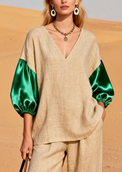 Peacock Green Patchwork Linen Two Pieces Set V Neck Bracelet Sleeve