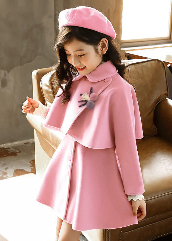 Pink Button Thick Two Pieces Set Tops and Waistcoat Dress Long Sleeve