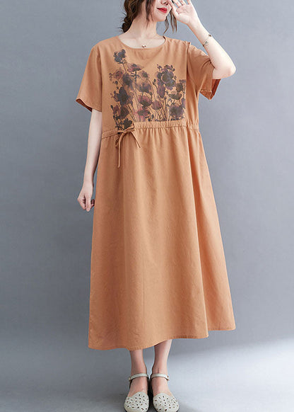Pink Cotton Cinch Dresses O-neck Tie Waist Short Sleeve
