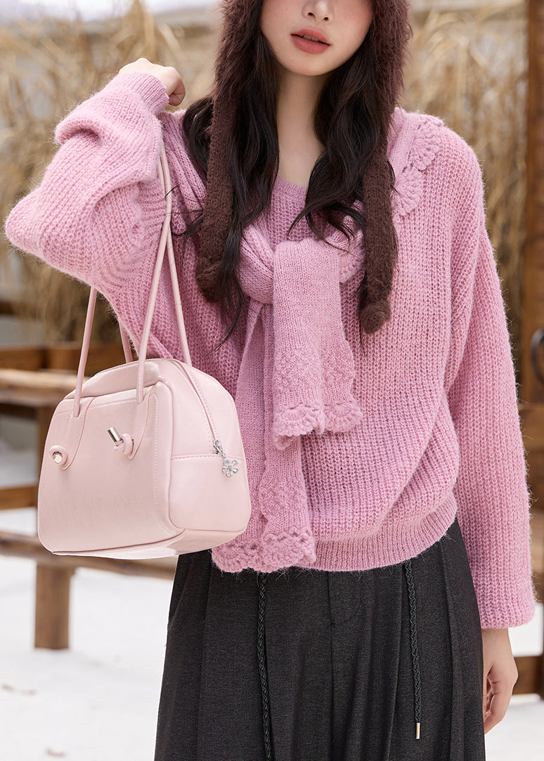 Pink Cozy Cotton Knit Sweaters and Shawl Two Piece Set Spring