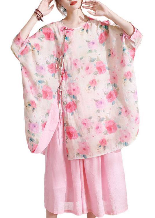 Pink Print Asymmetrical Design Summer Half Sleeve Top