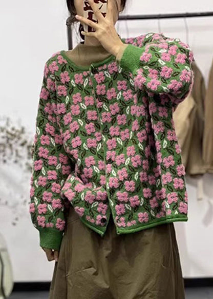 Pink O Neck Button Patchwork Cotton Knit Coats Long Sleeve
