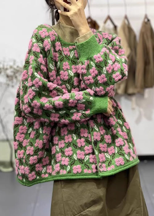 Pink O Neck Button Patchwork Cotton Knit Coats Long Sleeve