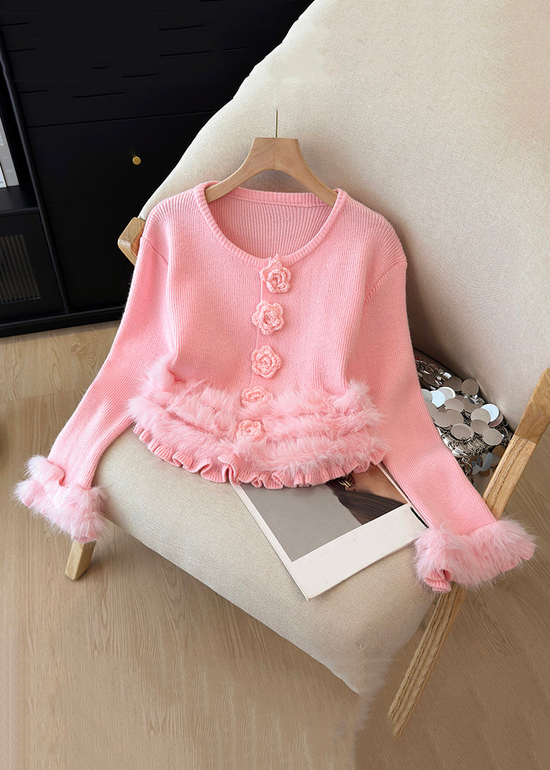 Pink Fluffy Patchwork Knit Winter Sweater O Neck