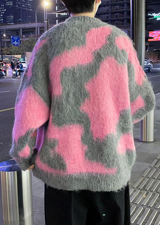Pink Geometric Cozy Knit Sweater O Neck Winter