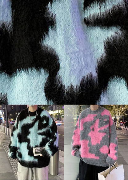 Pink Geometric Cozy Knit Sweater O Neck Winter