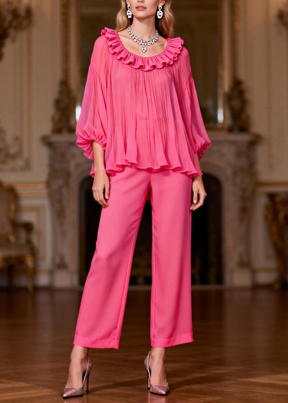 Pink High Waist Tops and Crop Pants Two-piece Set Ruffled Bracelet Sleeve
