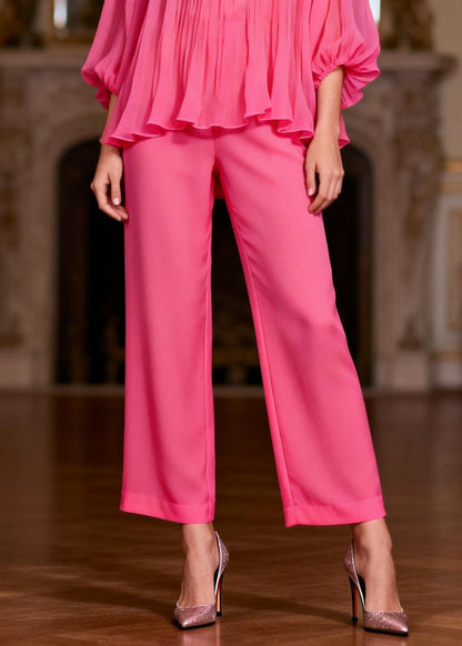 Pink High Waist Tops and Crop Pants Two-piece Set Ruffled Bracelet Sleeve