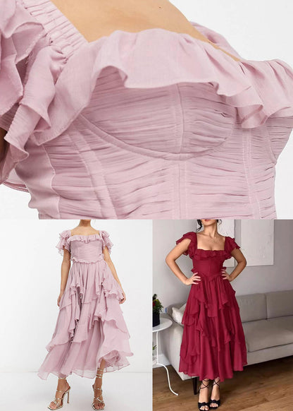 Pink Hollow Out Wrinkled Cotton Summer Dresses Square Collar