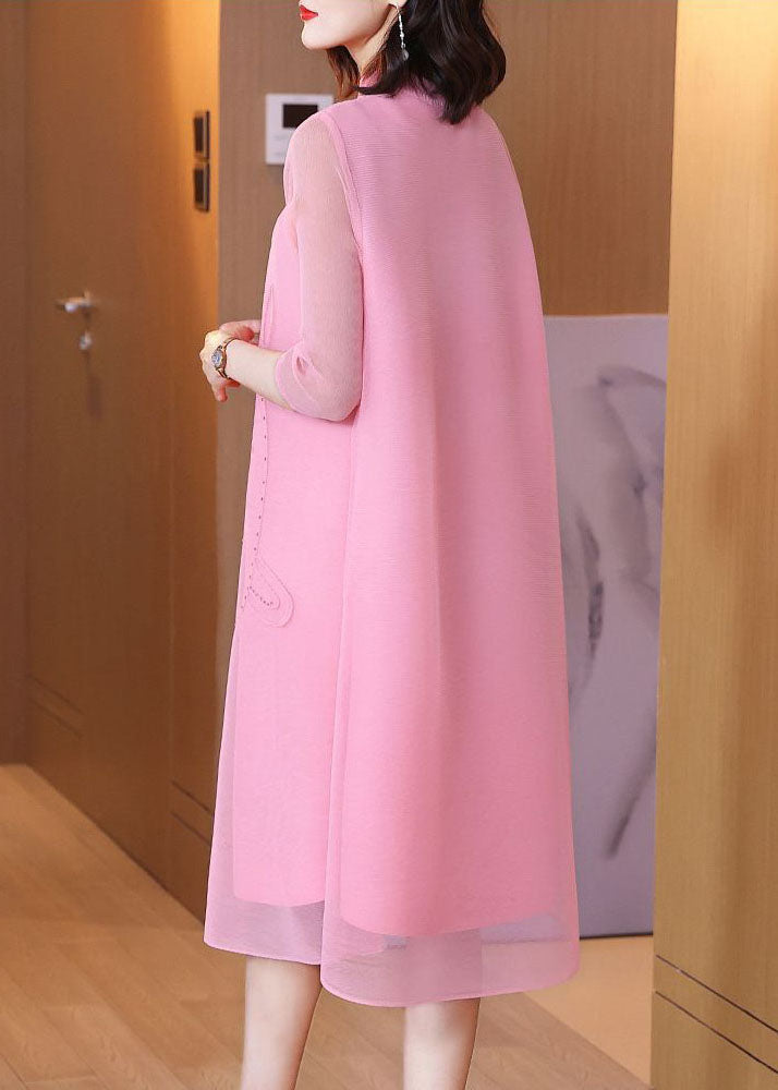Pink Jacquard a Line Dress Mandarin Collar Wrinkled Bracelet Sleeve