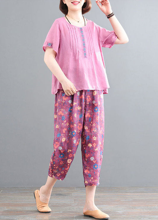 Pink Linen Tops and Pants Two Pieces Set Wrinkled Embroideried Short Sleeve