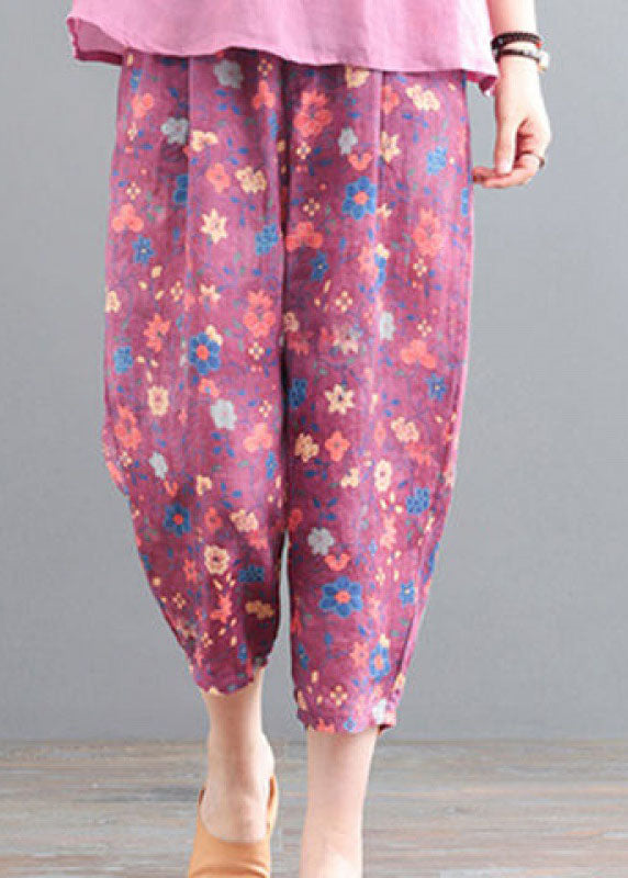 Pink Linen Tops and Pants Two Pieces Set Wrinkled Embroideried Short Sleeve