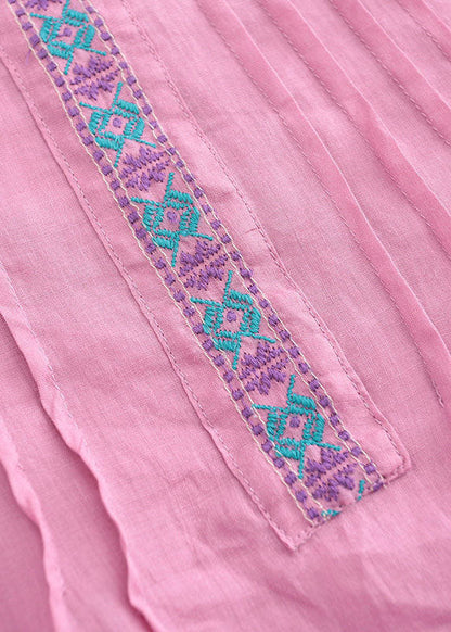 Pink Linen Tops and Pants Two Pieces Set Wrinkled Embroideried Short Sleeve