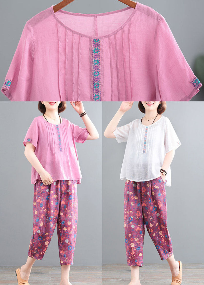 Pink Linen Tops and Pants Two Pieces Set Wrinkled Embroideried Short Sleeve