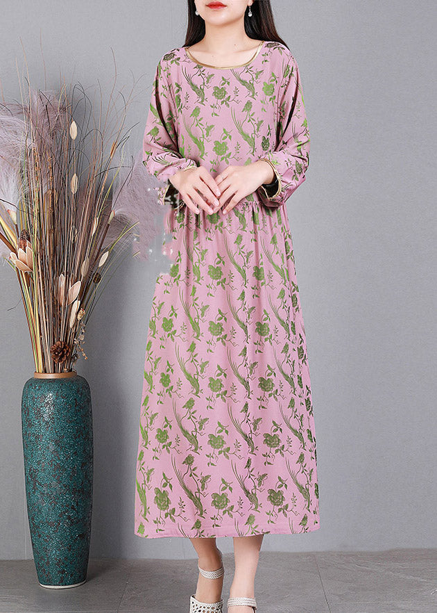 Pink O-neck Cinched Silk Dress Long Sleeve