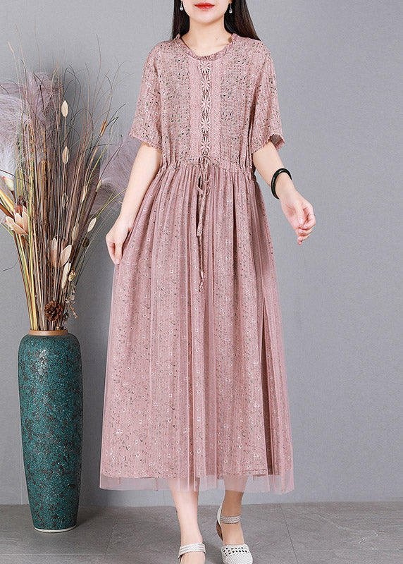 Pink O-neck Embroideried Tulle Long Dresses Summer
