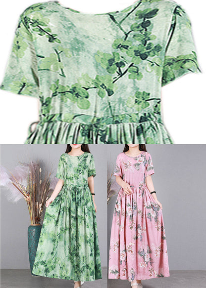 Pink O-neck Print Drawstring Linen Dresses Short Sleeve