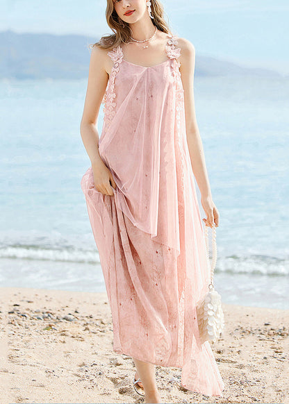 Pink O-neck Tassel Silk Long Spaghetti Strap Dress Summer