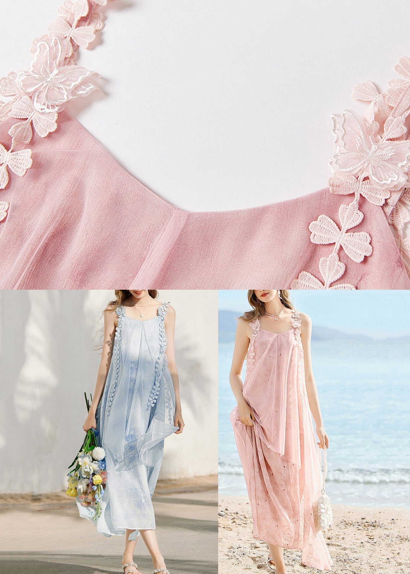 Pink O-neck Tassel Silk Long Spaghetti Strap Dress Summer