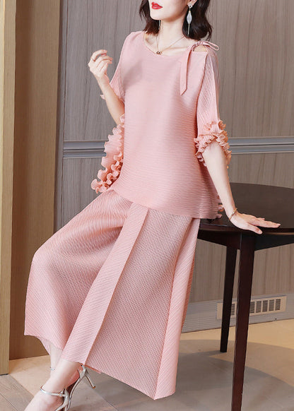 Pink O-neck Top and Wide Leg Pants Two Piece Set Fall