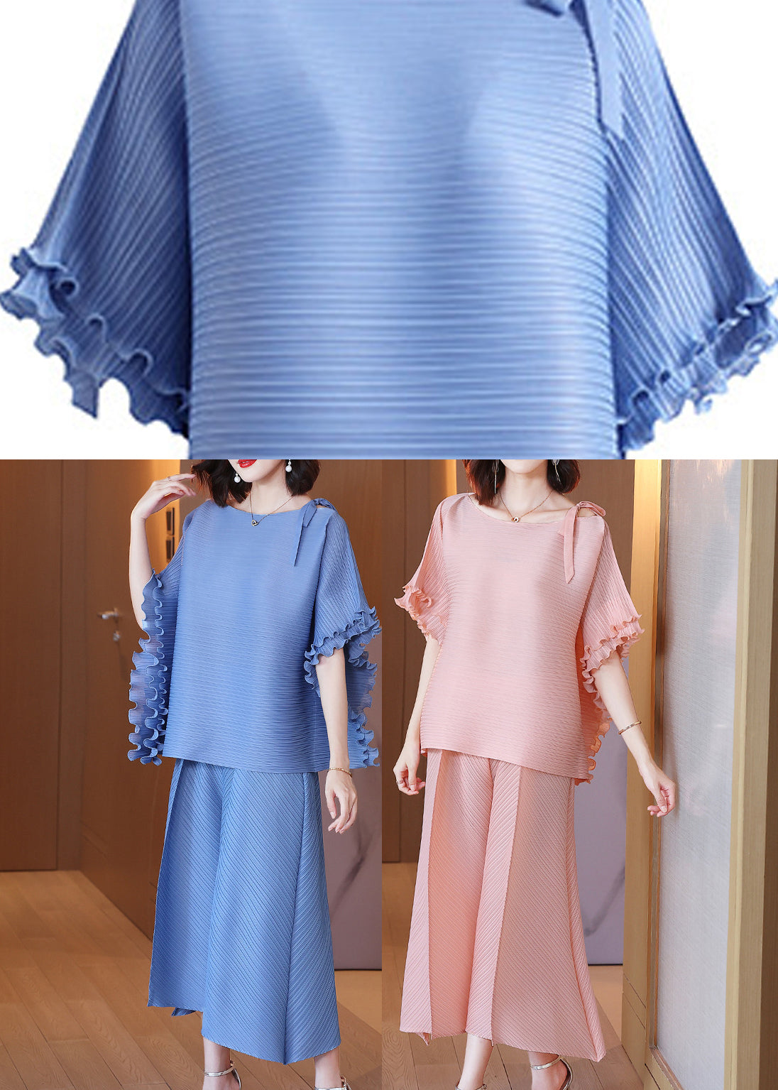 Pink O-neck Top and Wide Leg Pants Two Piece Set Fall