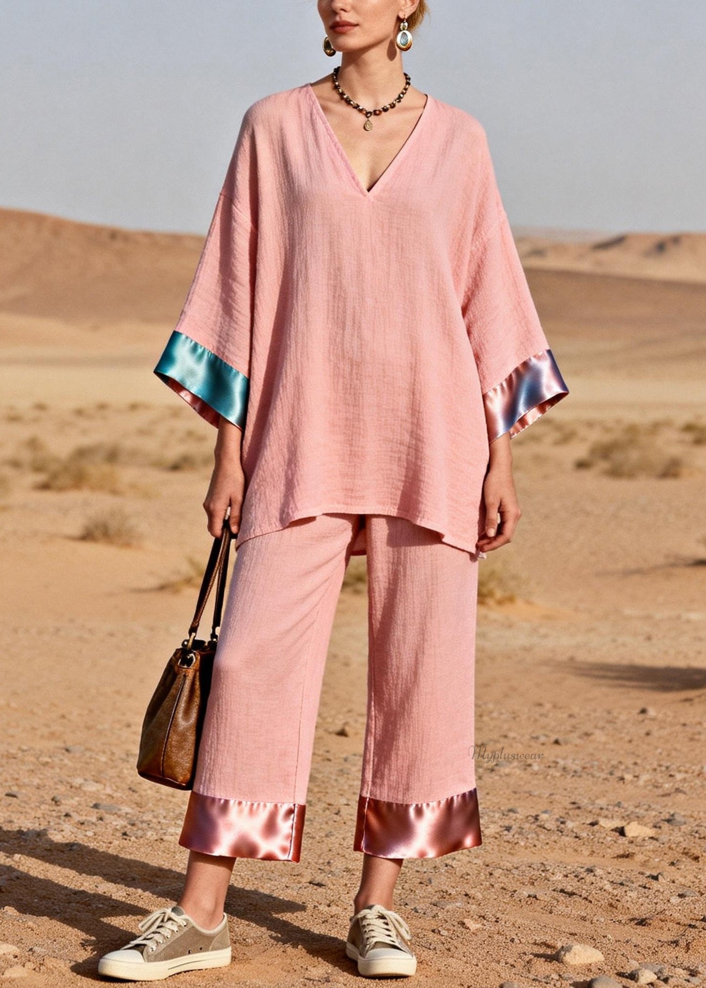 Pink Oversized Tops and Crop Pants Silk Patchwork Two Pieces Set V Neck