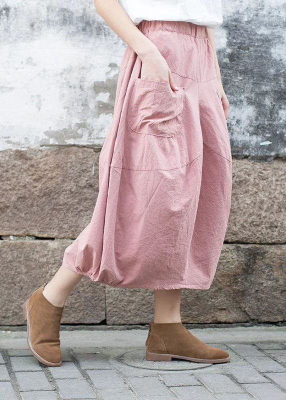 Pink Patchwork Linen a Line Skirt Pockets Color Fall