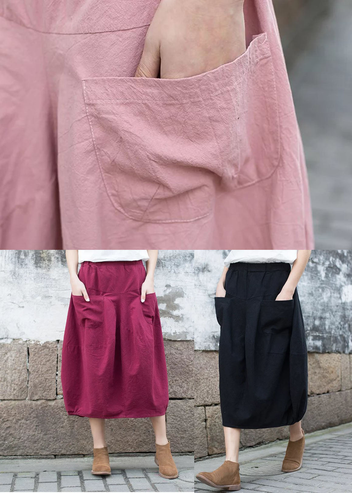 Pink Patchwork Linen a Line Skirt Pockets Color Fall