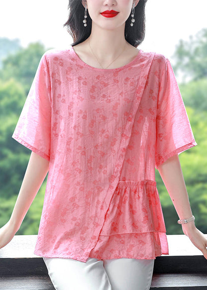 Pink Patchwork Linen Blouses Asymmetrical O-neck Ruffled Summer