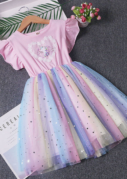 Pink Patchwork Tulle Baby Dress Pony Sequins Wrinkled Summer