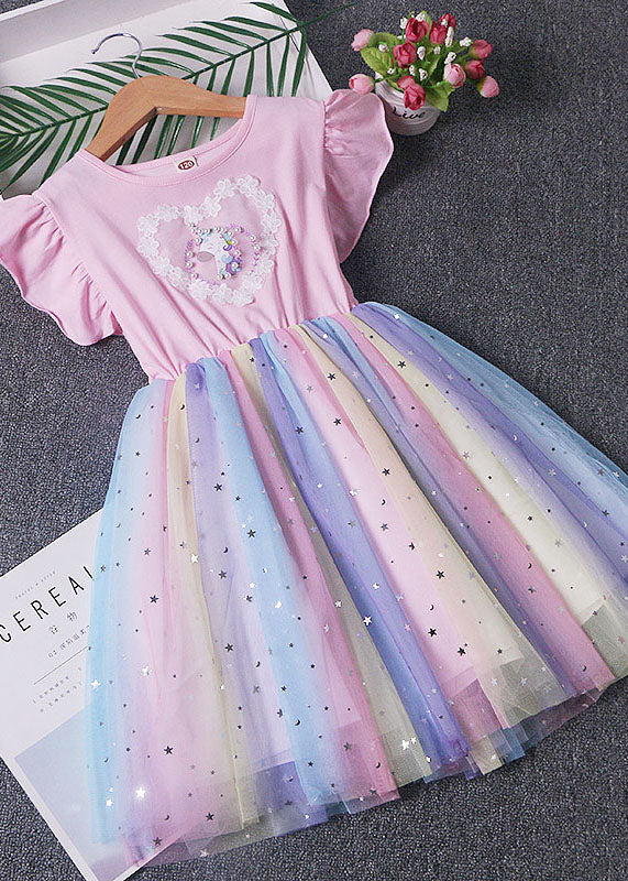 Pink Patchwork Tulle Baby Dress Pony Sequins Wrinkled Summer