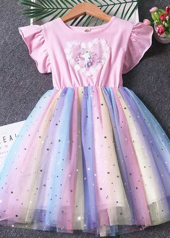 Pink Patchwork Tulle Baby Dress Pony Sequins Wrinkled Summer