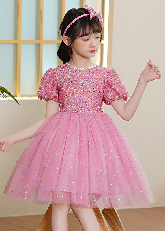 Pink Patchwork Tulle Kids Maxi Dresses Sequins Exra Large Hem Puff Sleeve