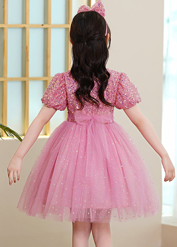 Pink Patchwork Tulle Kids Maxi Dresses Sequins Exra Large Hem Puff Sleeve
