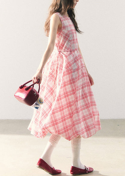 Pink Plaid Lace Up Cotton Long Dress Zippered Summer