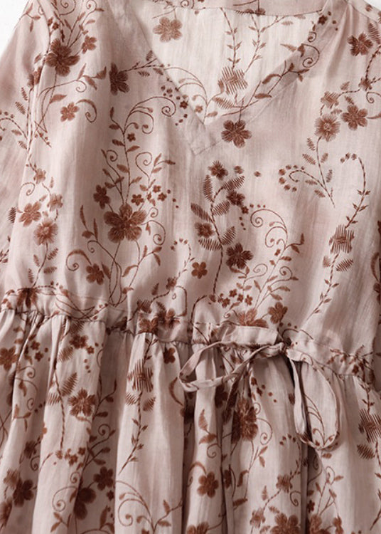 Pink Print Cotton Long Dress V Neck Drawstring Summer