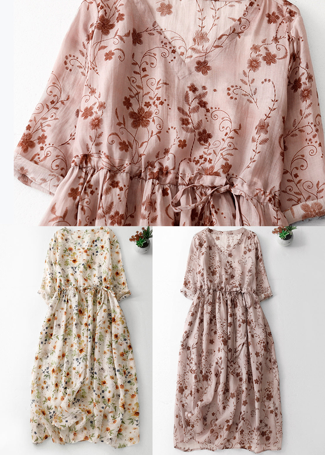 Pink Print Cotton Long Dress V Neck Drawstring Summer