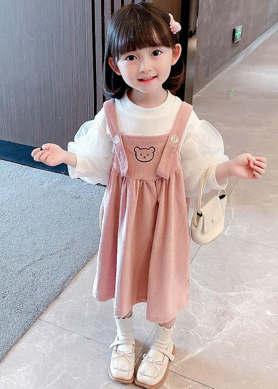 Pink Print Button Corduroy Slip Dress and Top Two Pieces Set Sleeveless