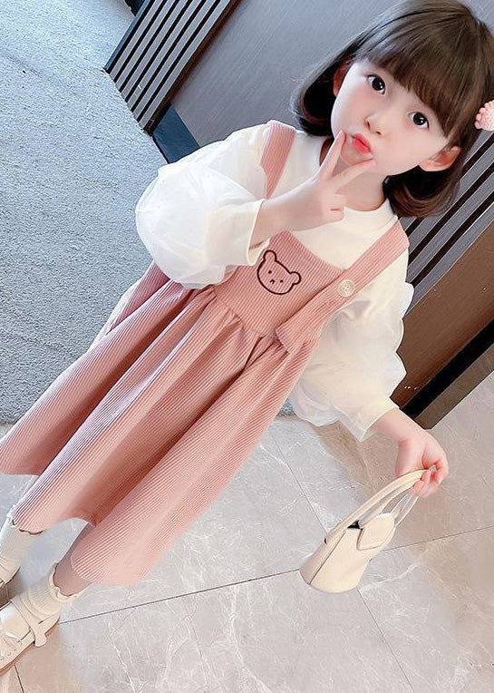 Pink Print Button Corduroy Slip Dress and Top Two Pieces Set Sleeveless